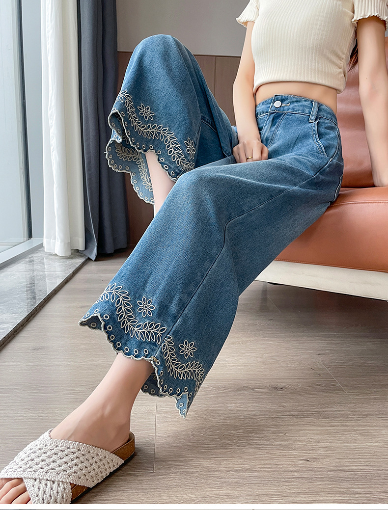 花柄ファッション 裾刺繍スカラップデニムワイドパンツ