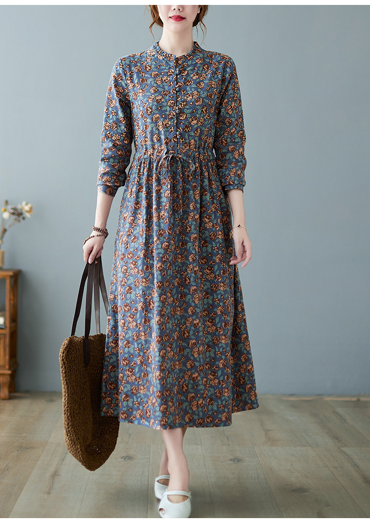 花柄ファッション 小花柄ギャザー切替スタンドカラー長袖ワンピース