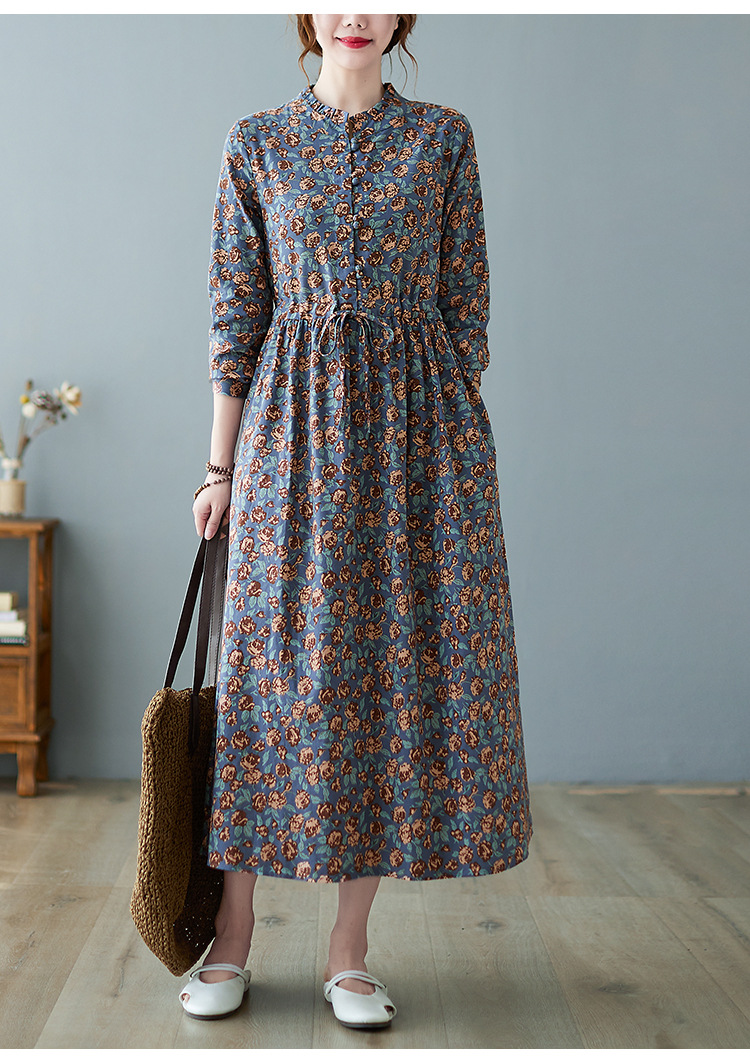 花柄ファッション 小花柄ギャザー切替スタンドカラー長袖ワンピース