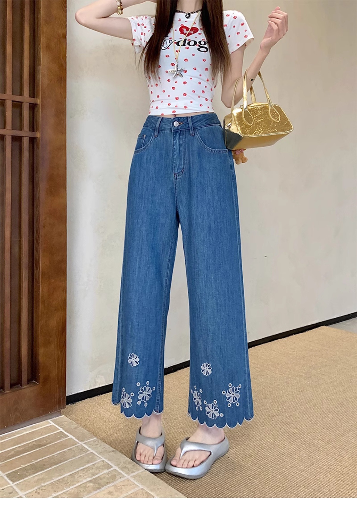 花柄ファッション 裾スカラップ刺繍フラワーワイドデニムパンツ