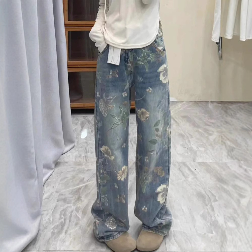 花柄ファッション ヴィンテージ風花柄プリントワイドデニムパンツ