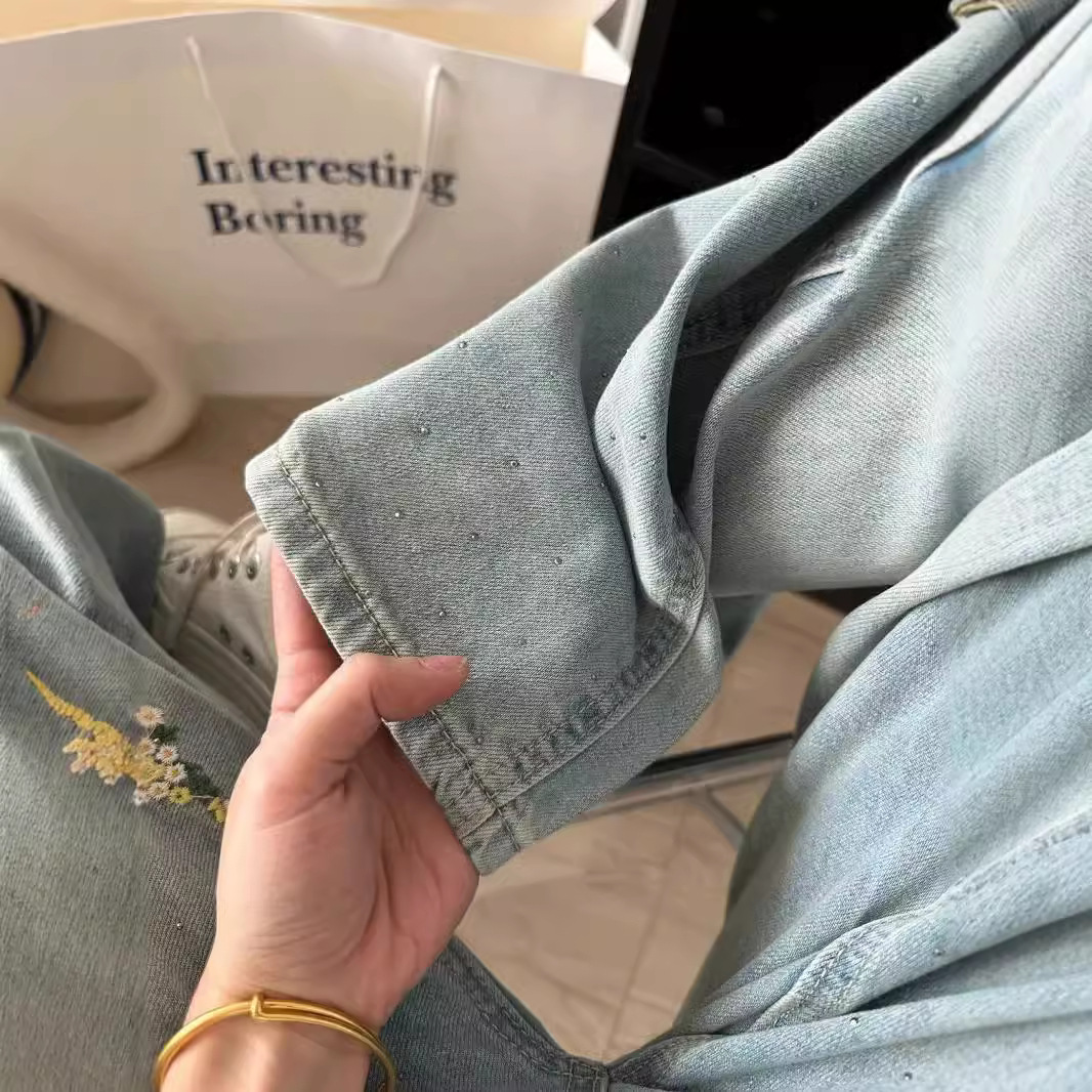 花柄ファッション 小花刺繍レースデニムパンツ