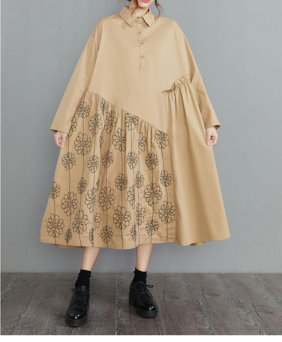 花柄ファッション 花柄刺繍切替ゆったりシャツワンピース
