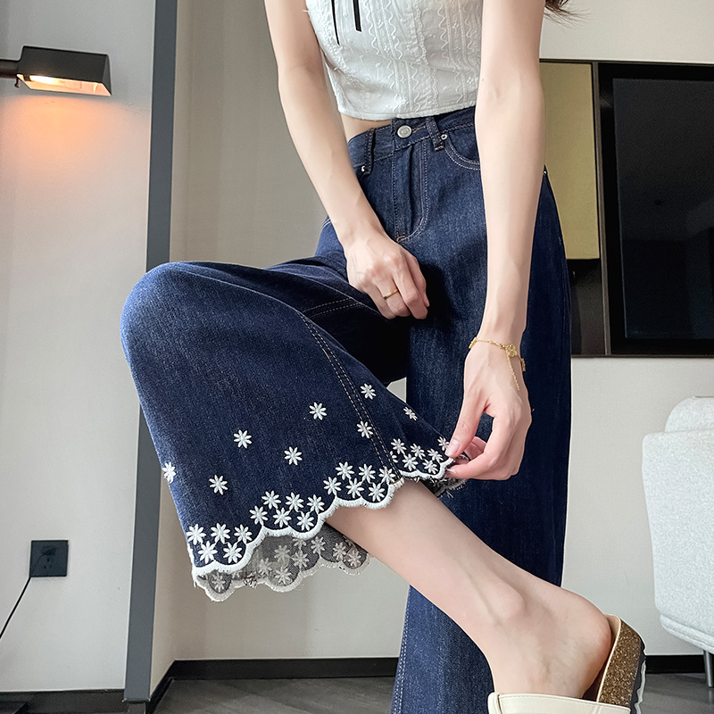 花柄ファッション 裾スカラップ刺繍デニムワイドパンツ