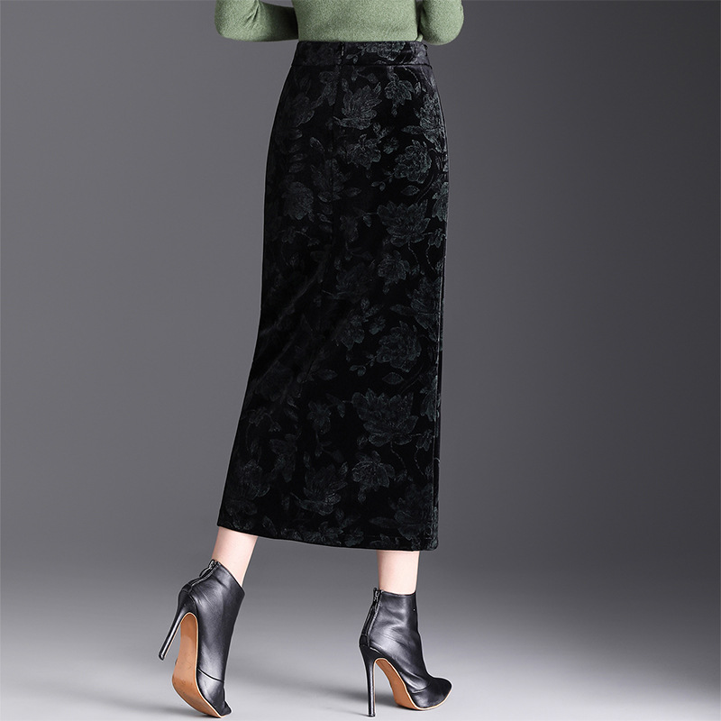 花柄ファッション ベルベット調花柄刺繍タイトロングスカート