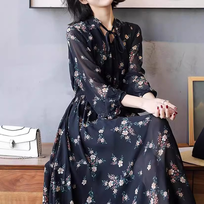 花柄ファッション 花柄シフォン リボンタイ ミディ丈ワンピース