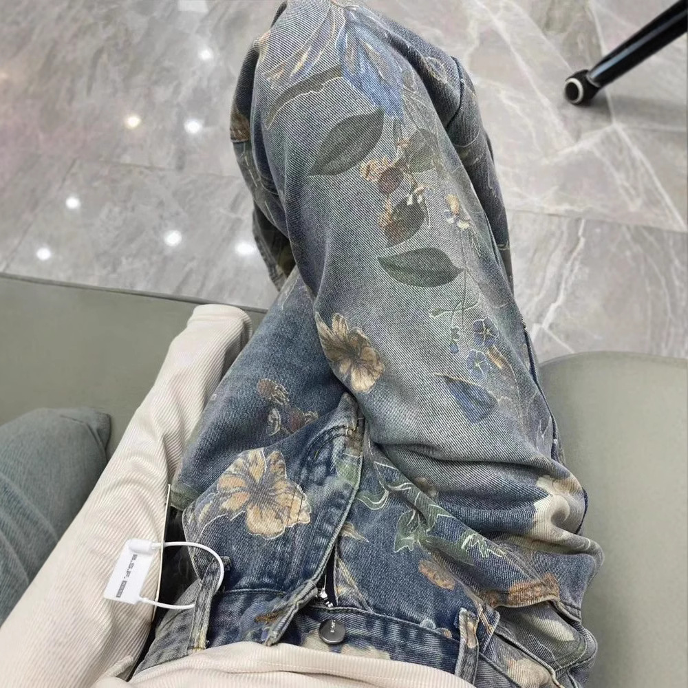 花柄ファッション ヴィンテージ風花柄プリントワイドデニムパンツ