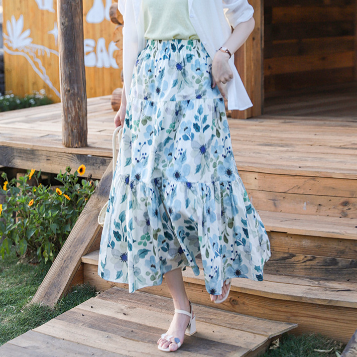 花柄ファッション 水彩風花柄ティアードロングスカート