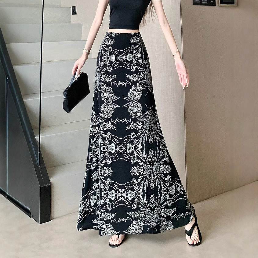 花柄ファッション 東洋柄プリント美脚見え花柄ロングスカート