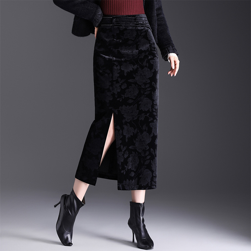 花柄ファッション ベルベット調花柄刺繍タイトロングスカート