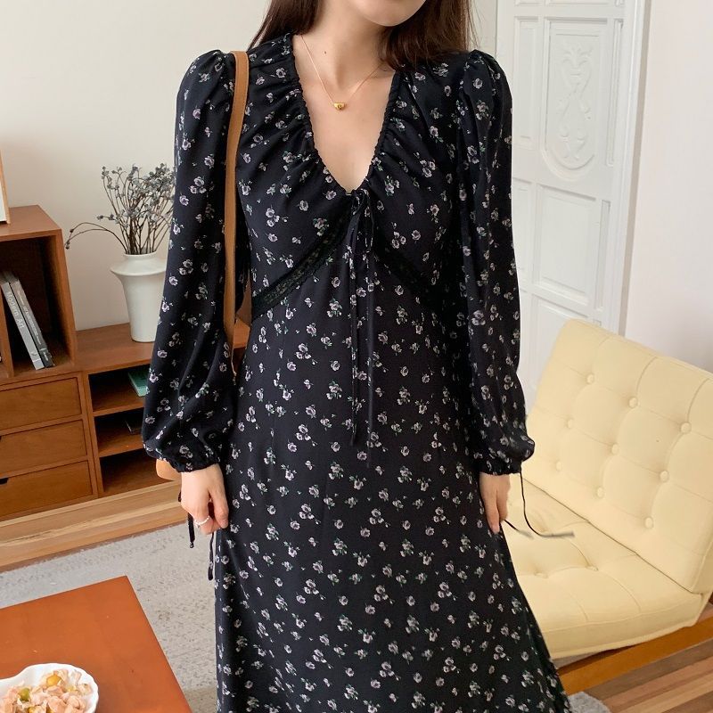 花柄ファッション 小花柄長袖Vネックマキシワンピース