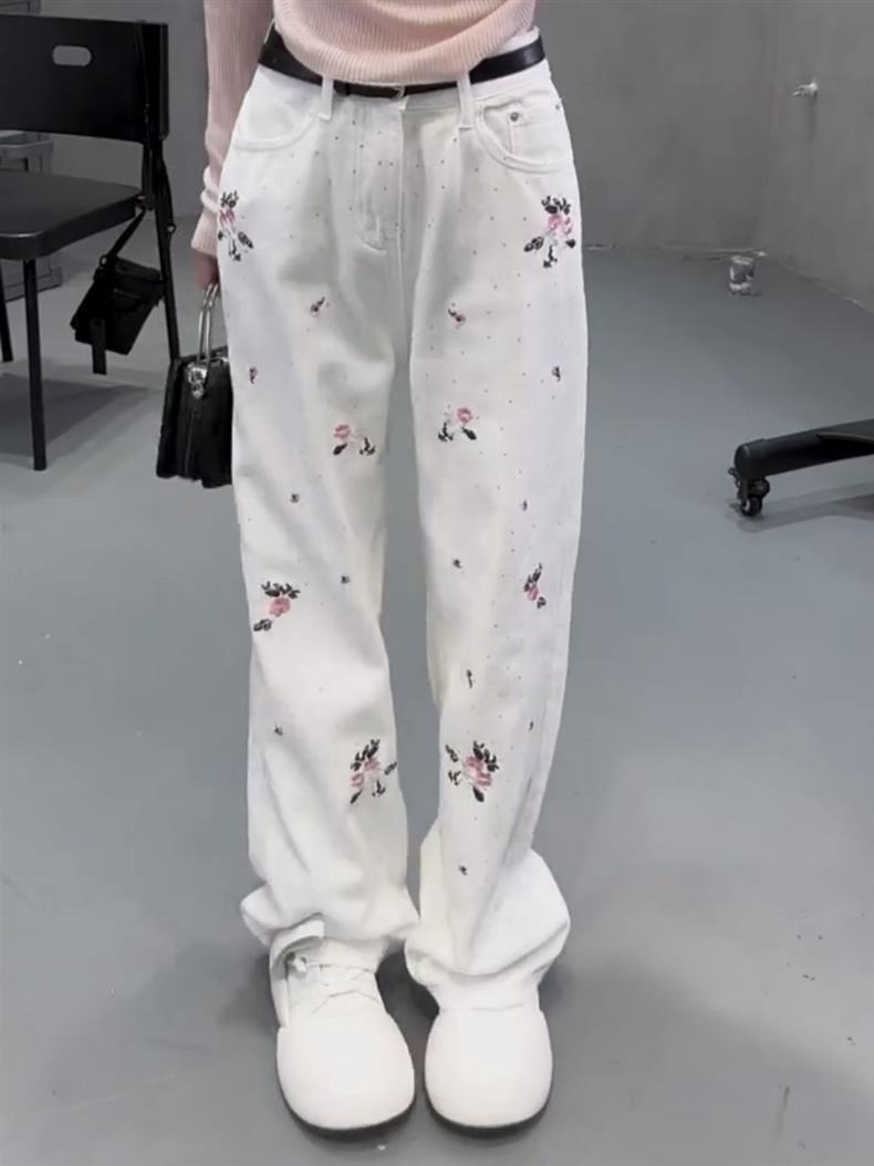 花柄ファッション 小花刺繍サイドラインワイドデニムパンツ