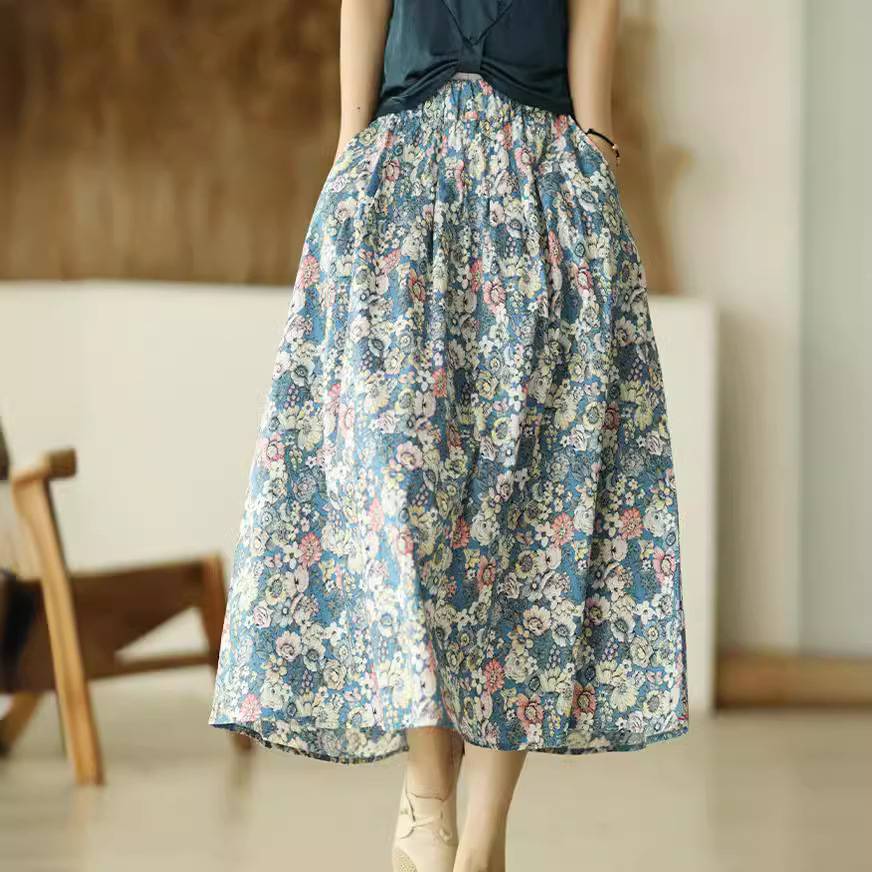 花柄ファッション 優雅な花模様ミディ丈ギャザースカート