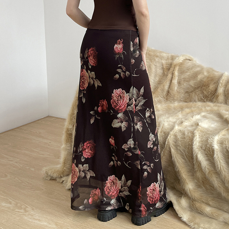 花柄ファッション 薔薇柄シアーロングタイトスカート