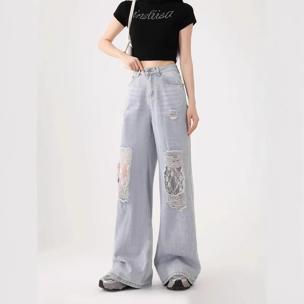 花柄ファッション レース切替ダメージ加工ワイドデニムパンツ