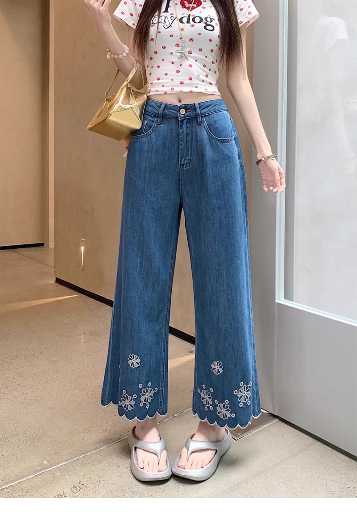 花柄ファッション 裾スカラップ刺繍フラワーワイドデニムパンツ