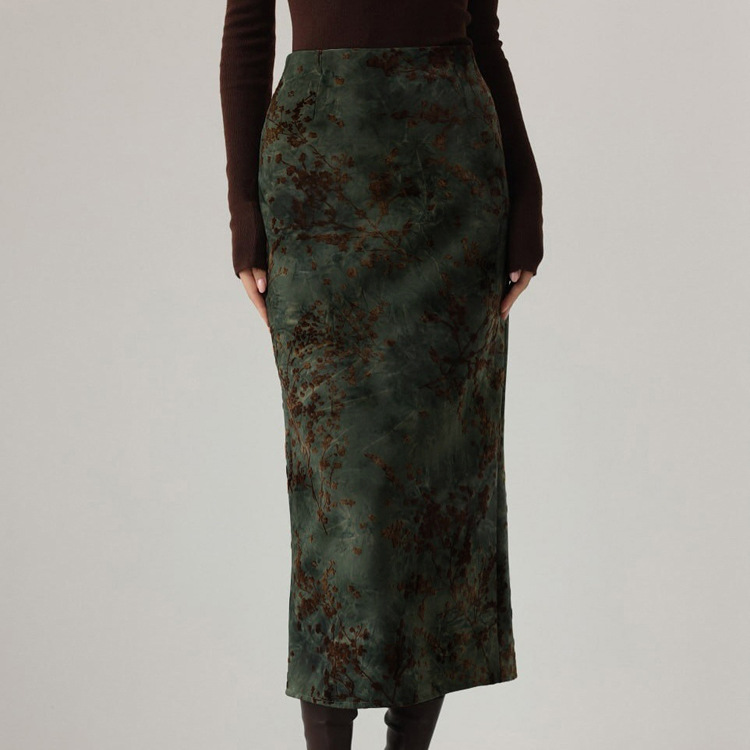 花柄ファッション 深緑ムラ染め上品ミディ丈タイトスカート