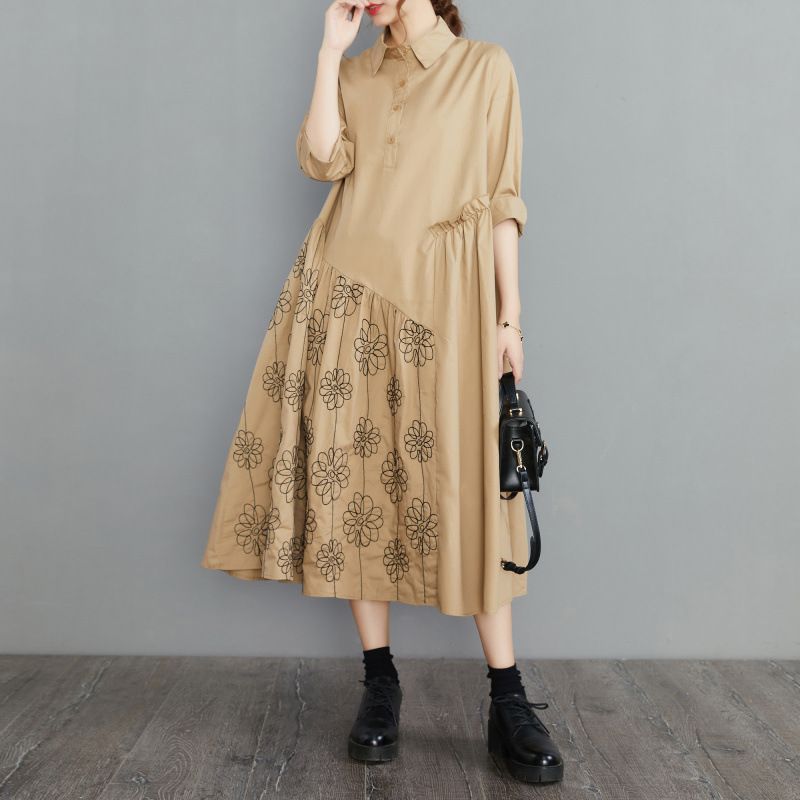 花柄ファッション 花柄刺繍切替ゆったりシャツワンピース