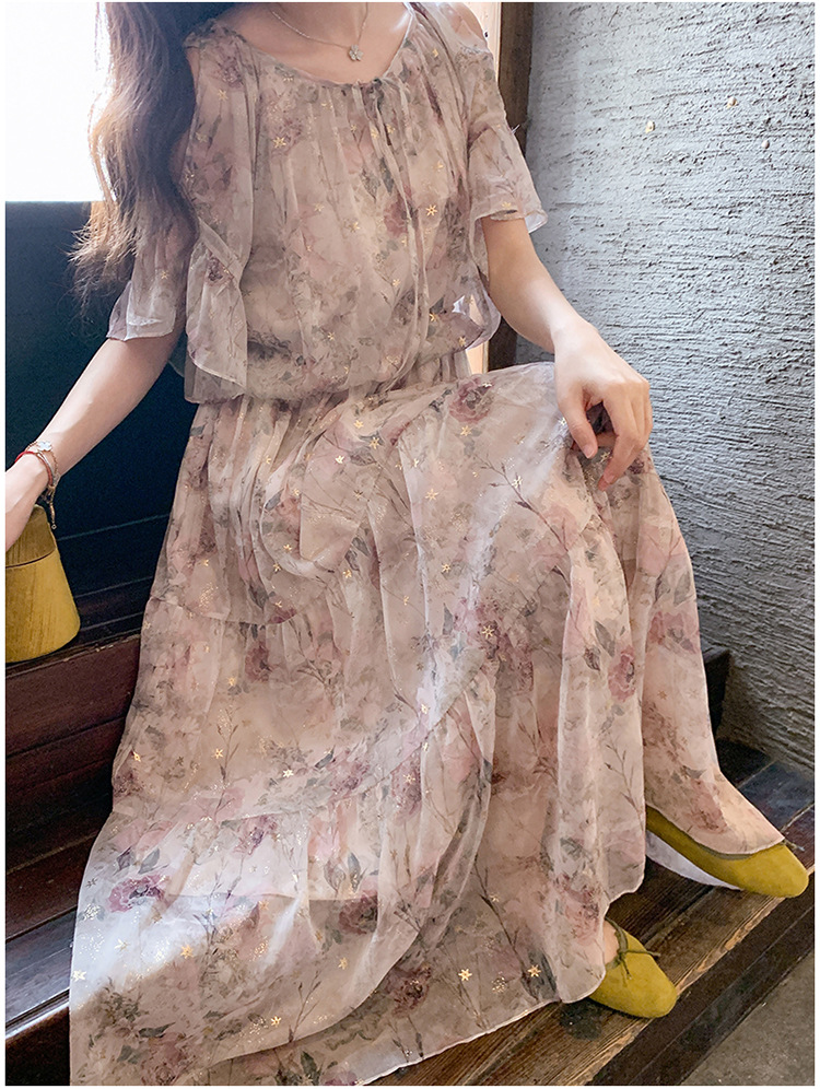 花柄ファッション 空気のように軽やか 花柄シフォンティアードワンピース