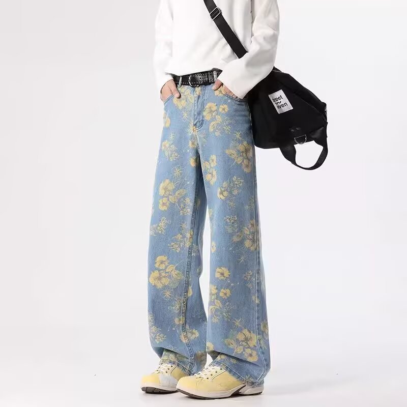 花柄ファッション 花柄総柄ワイドデニムパンツ