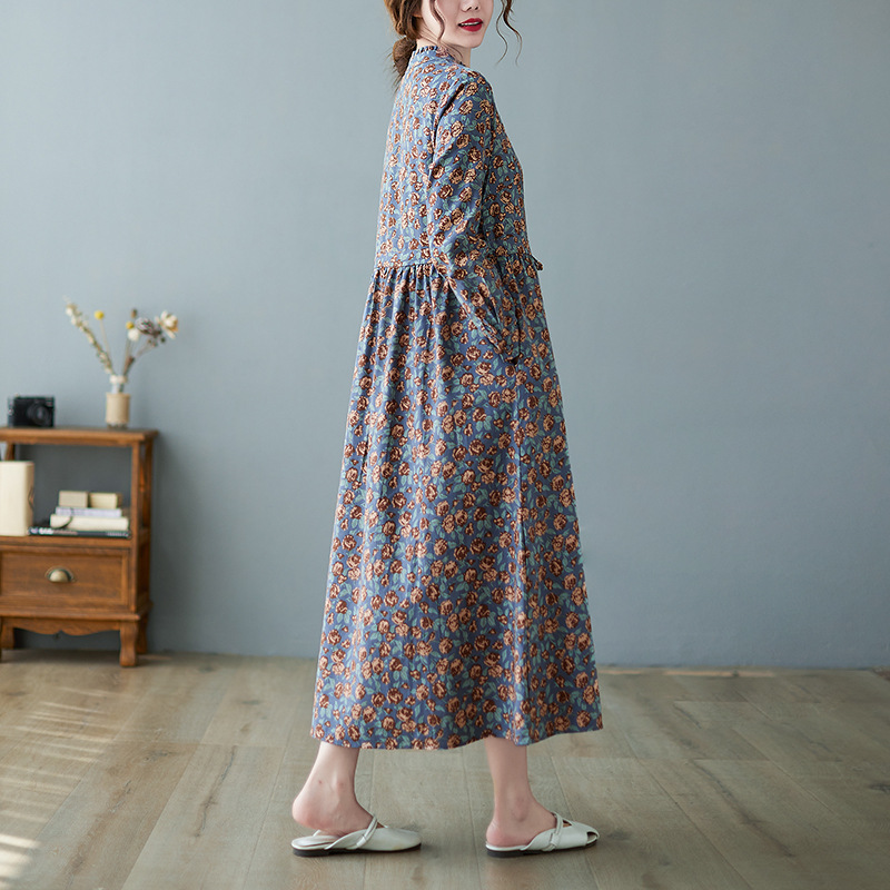 花柄ファッション 小花柄ギャザー切替スタンドカラー長袖ワンピース