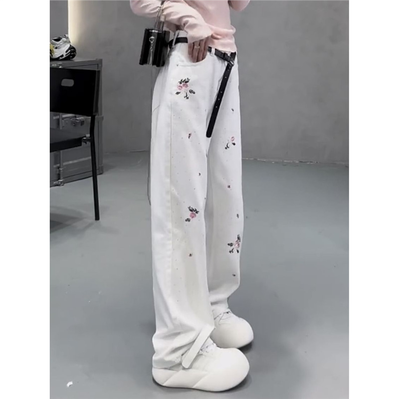 花柄ファッション 小花刺繍サイドラインワイドデニムパンツ