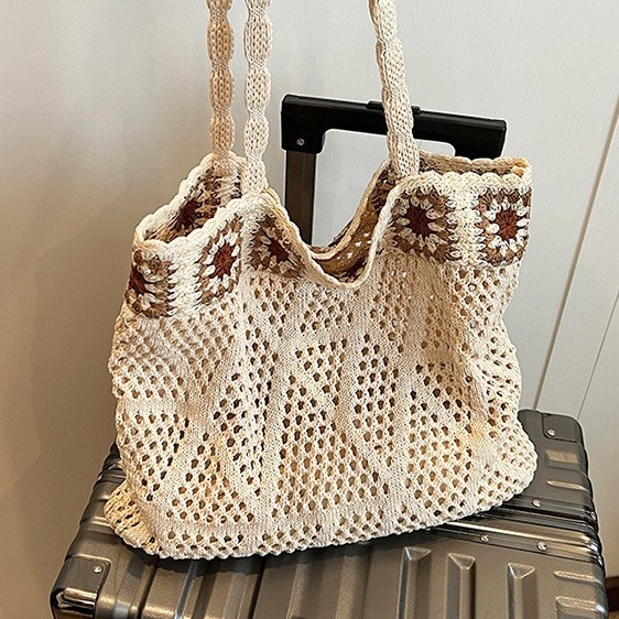 花柄ファッション グラニースクエア編み巾着トートバッグ