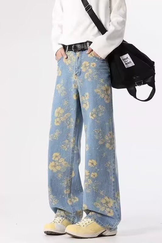 花柄ファッション 花柄総柄ワイドデニムパンツ