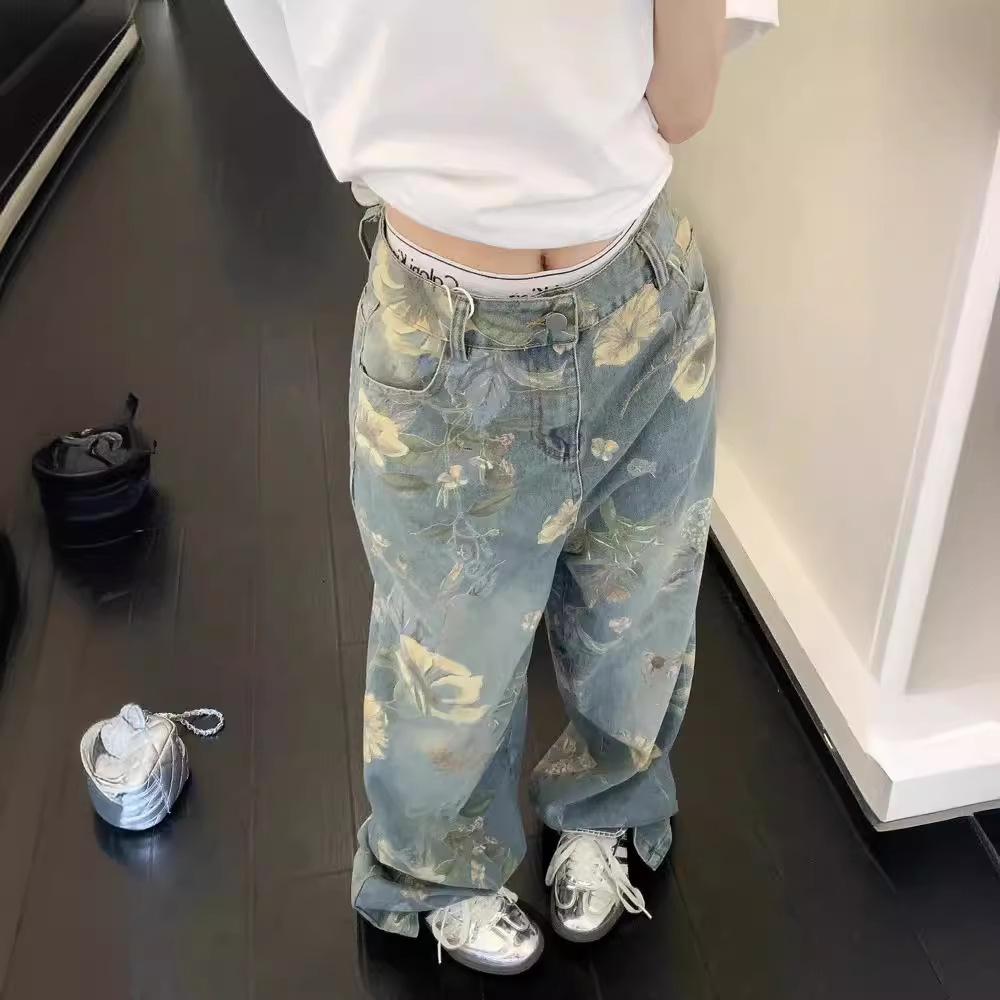 花柄ファッション ペイントフラワー柄ゆったりデニムパンツ