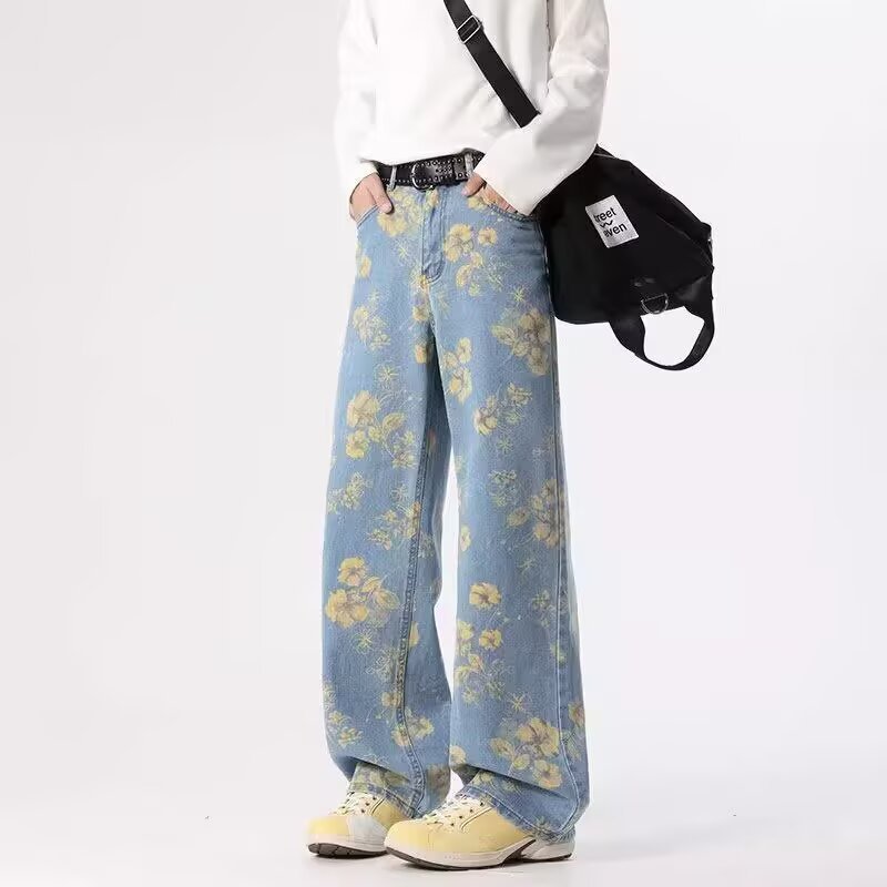 花柄ファッション 花柄総柄ワイドデニムパンツ