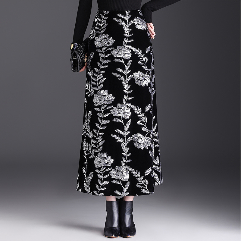 花柄ファッション 上品な刺繍フラワー柄ロングフレアスカート