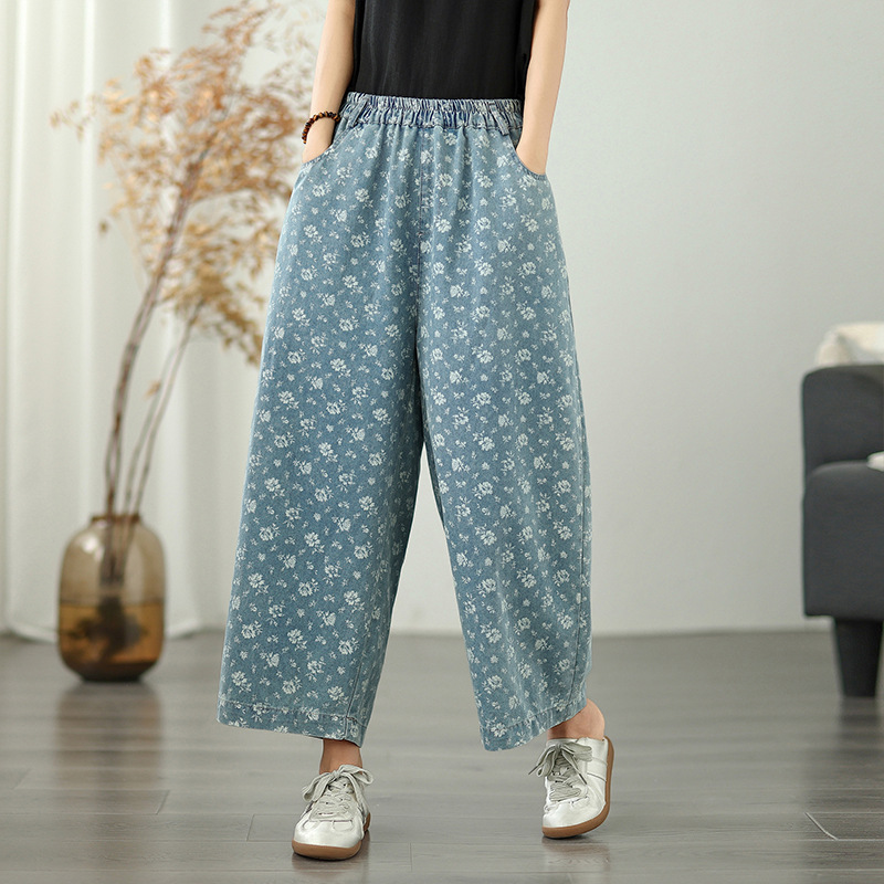 花柄ファッション 小花柄プリントワイドデニムパンツ