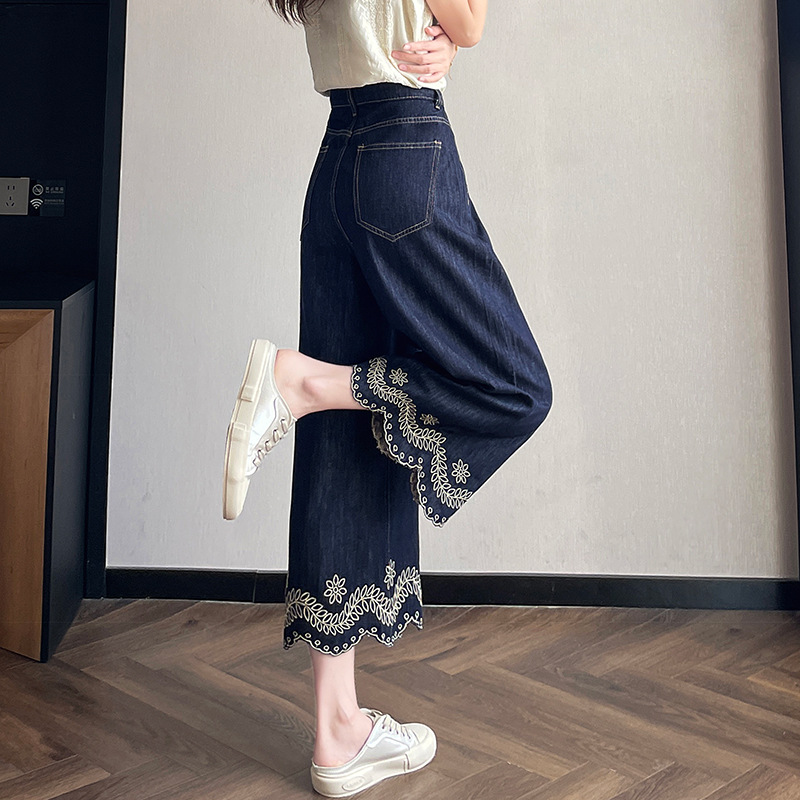 花柄ファッション 裾刺繍スカラップデニムワイドパンツ