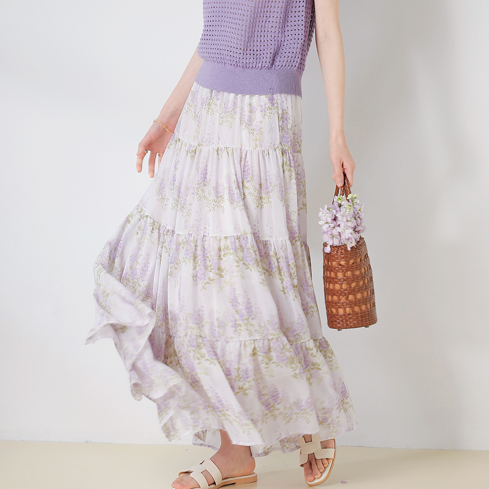 花柄ファッション 優美な花模様ティアードロングスカート