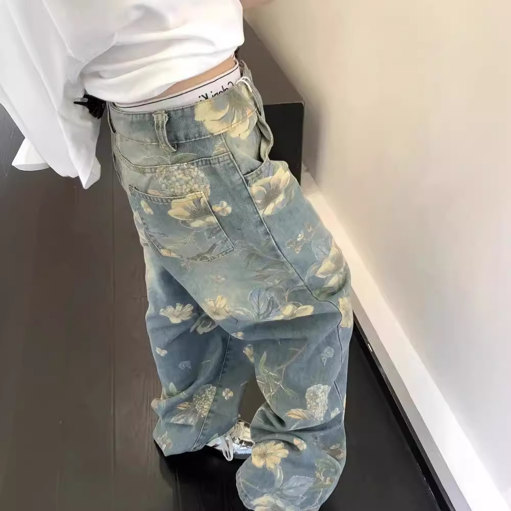 花柄ファッション ペイントフラワー柄ゆったりデニムパンツ