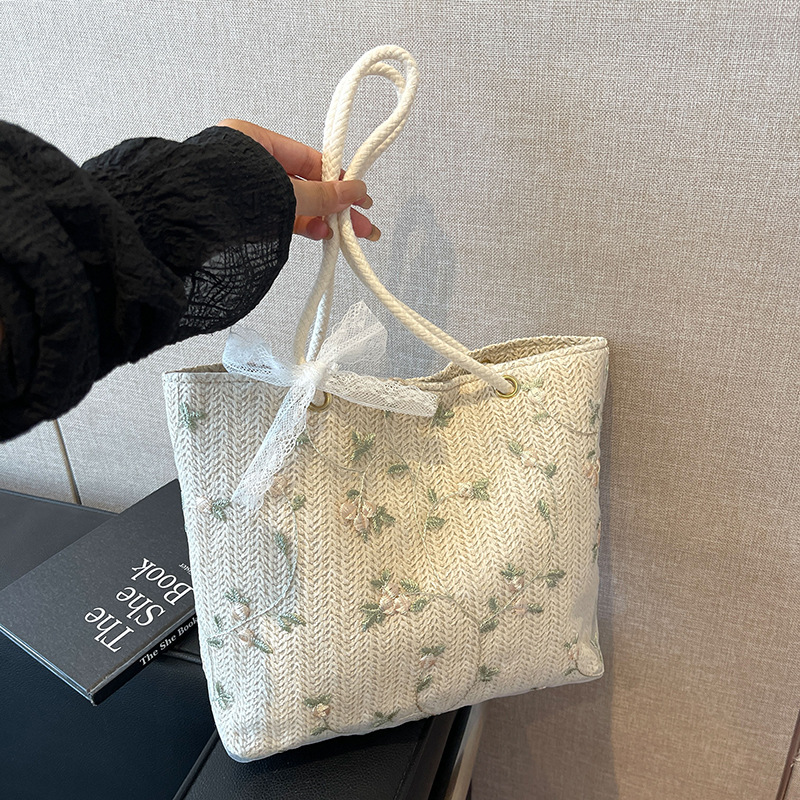 花柄ファッション 刺繍フラワーヘリンボーン柄ロープハンドルトートバッグ