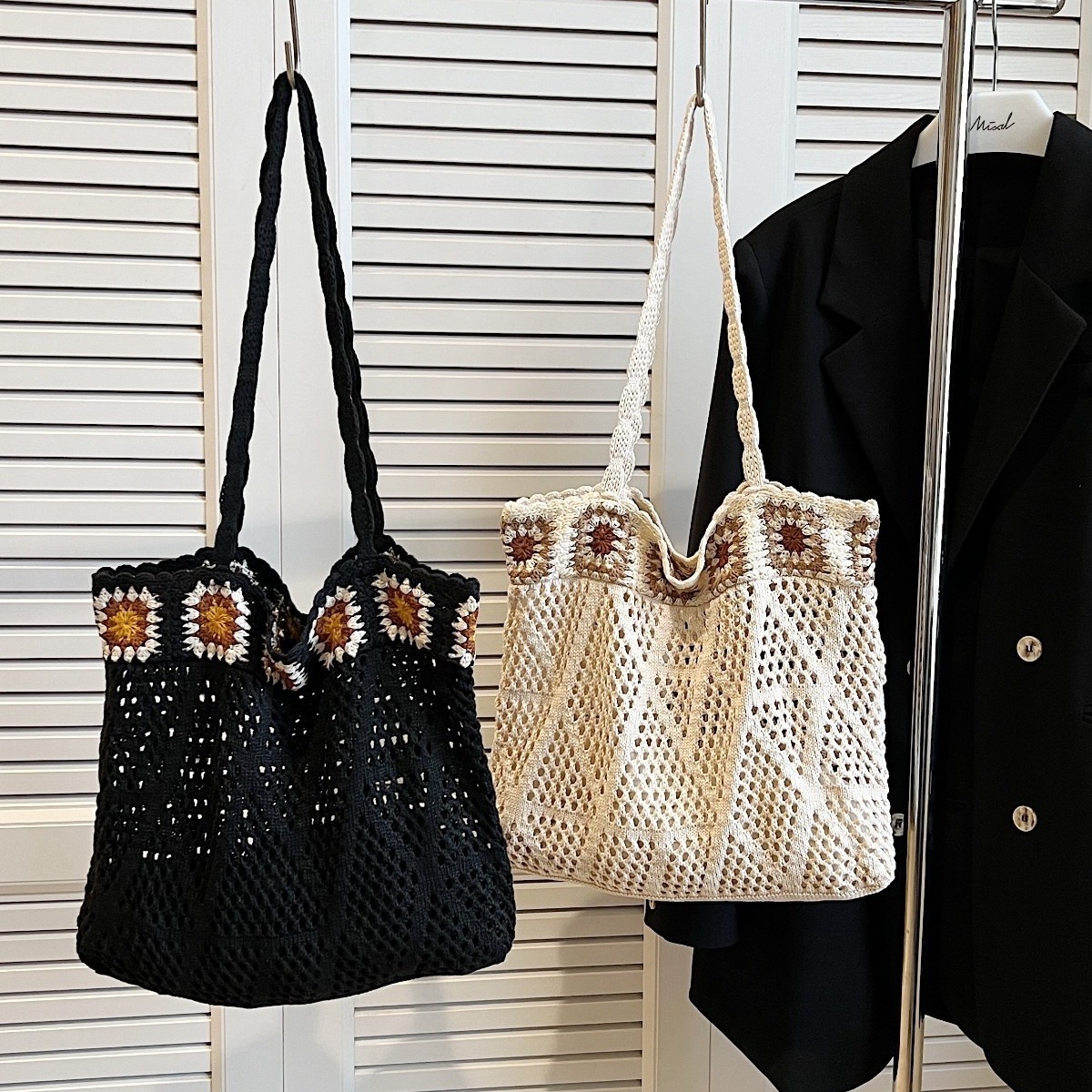 花柄ファッション グラニースクエア編み巾着トートバッグ