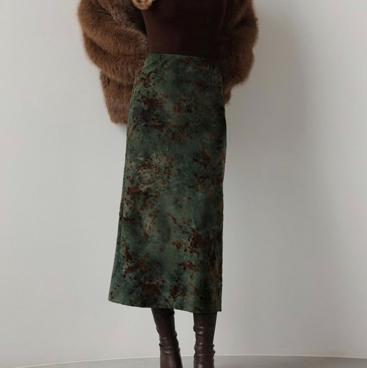 花柄ファッション 深緑ムラ染め上品ミディ丈タイトスカート