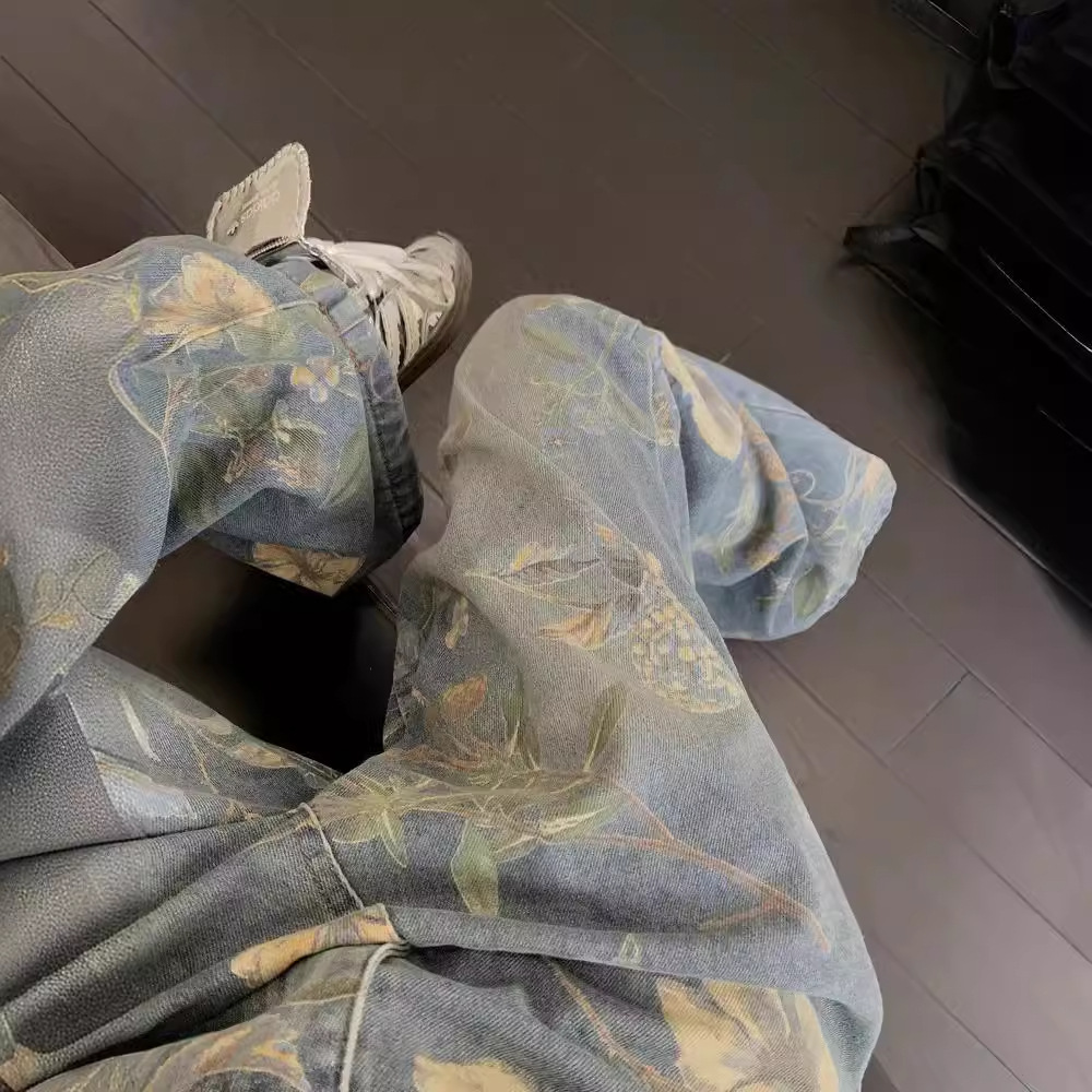花柄ファッション ペイントフラワー柄ゆったりデニムパンツ