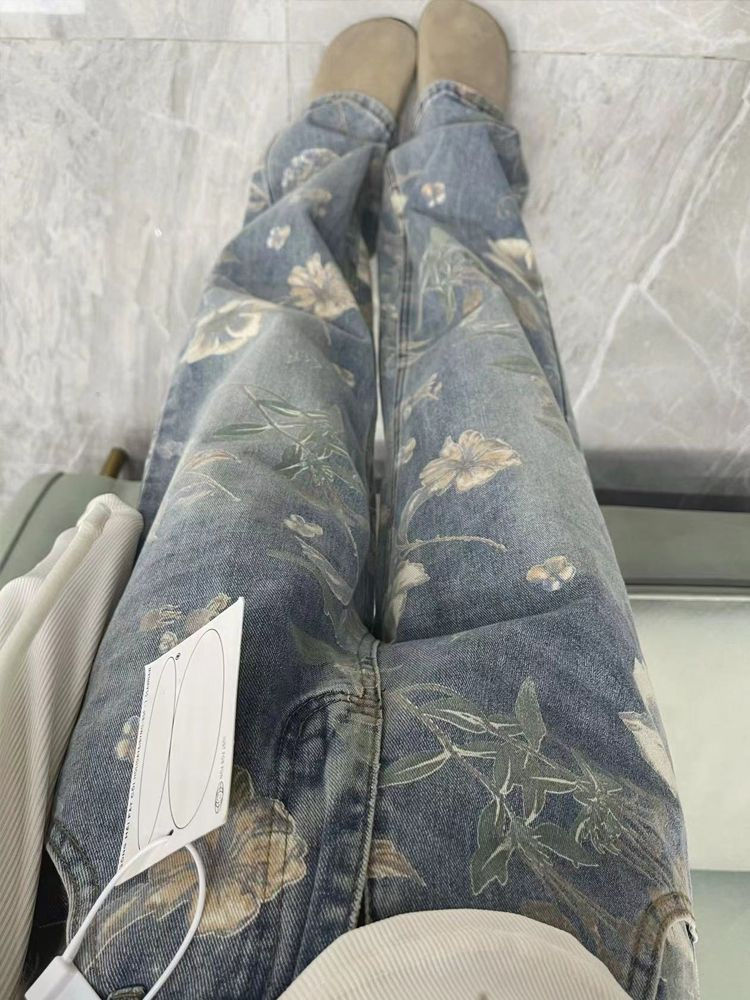 花柄ファッション ヴィンテージ風花柄プリントワイドデニムパンツ