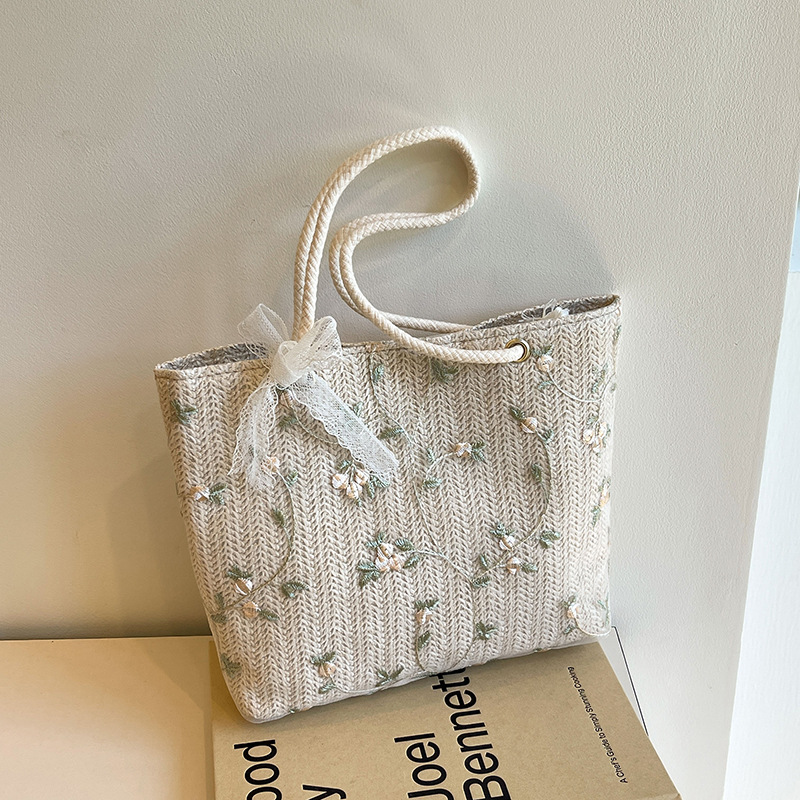 花柄ファッション 刺繍フラワーヘリンボーン柄ロープハンドルトートバッグ