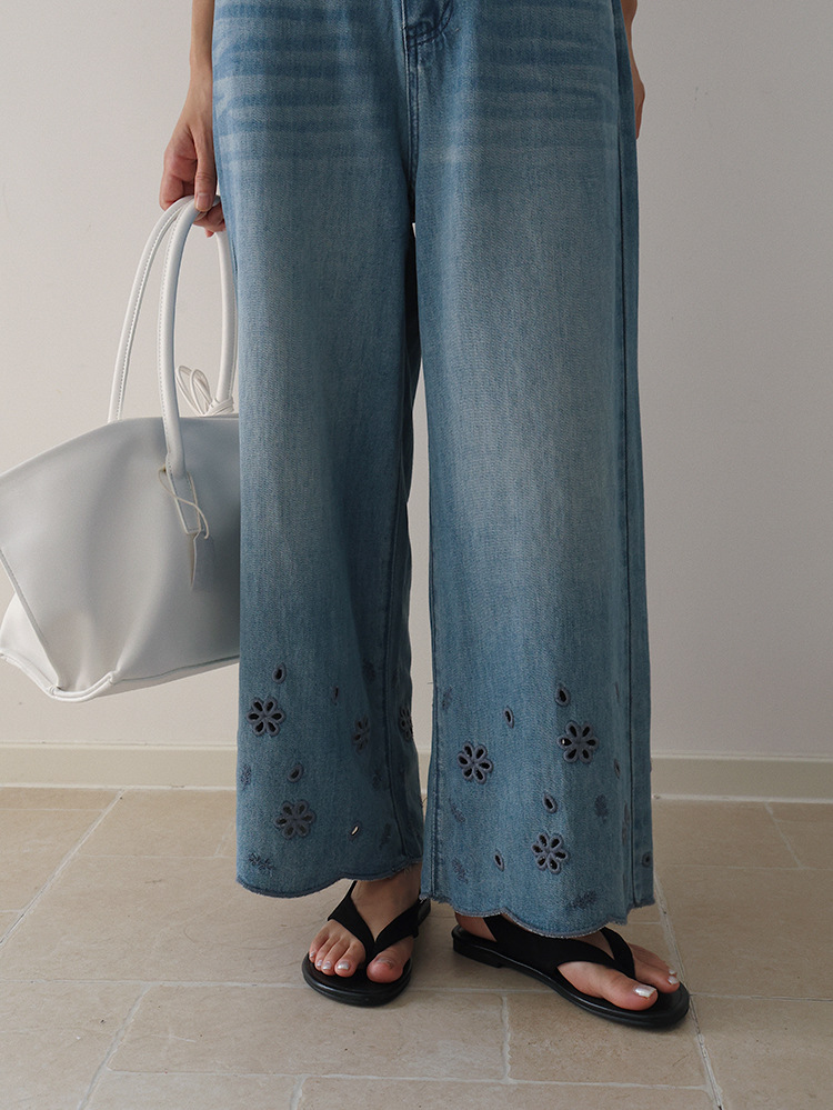 花柄ファッション 裾刺繍フラワー装飾ワイドデニムパンツ