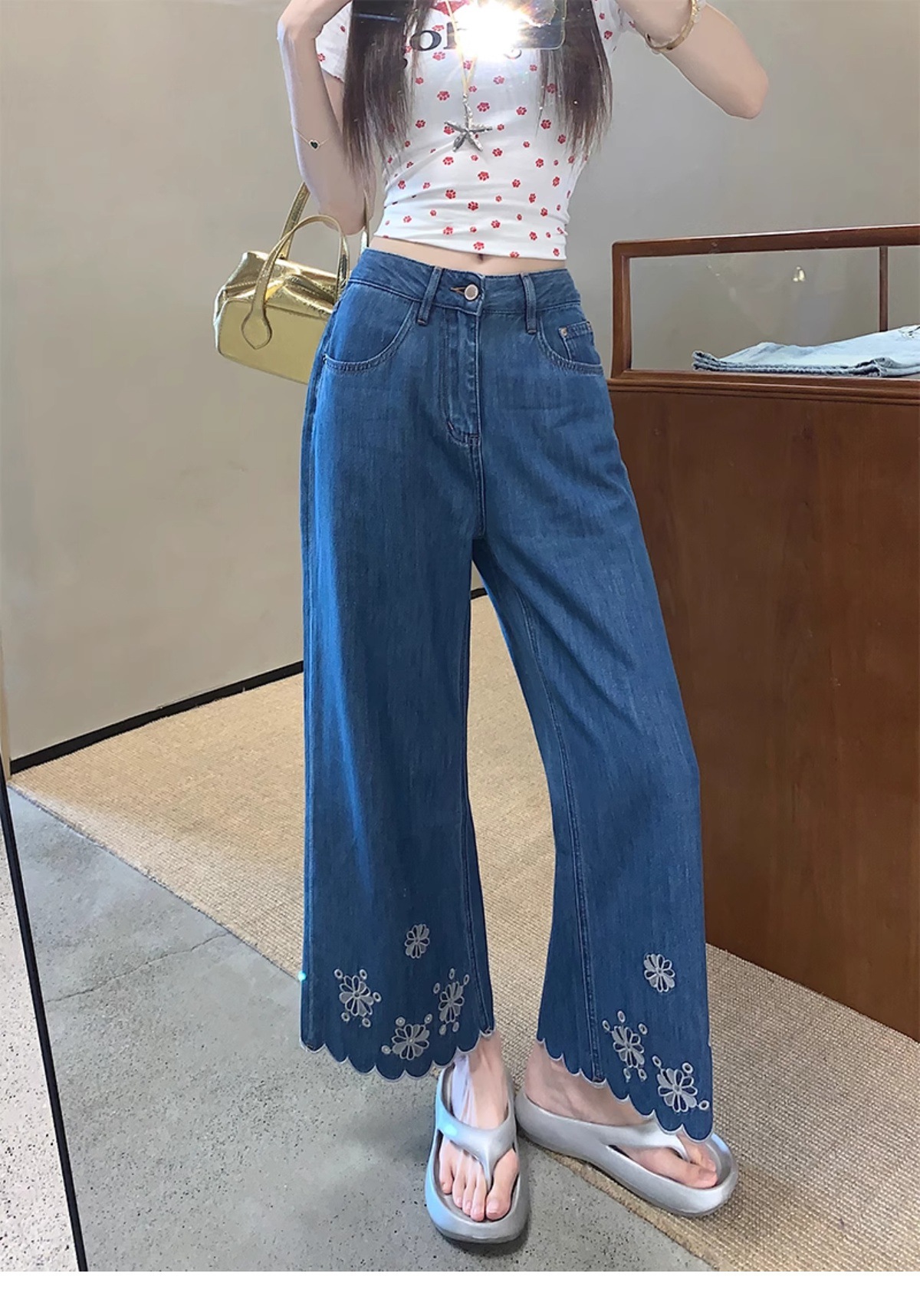 花柄ファッション 裾スカラップ刺繍フラワーワイドデニムパンツ