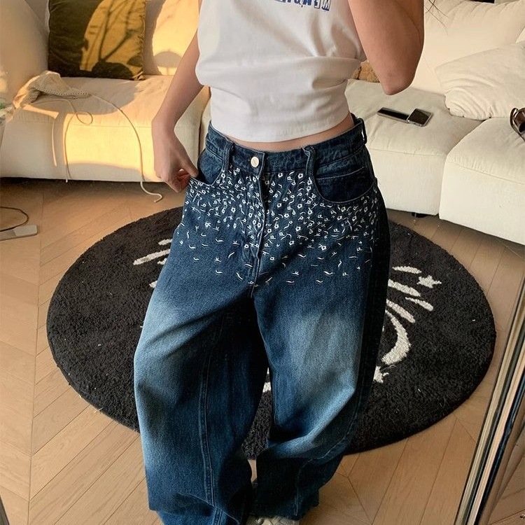 花柄ファッション 花柄刺繍ワイドデニムパンツ