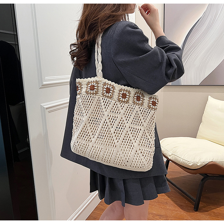 花柄ファッション グラニースクエア編み巾着トートバッグ