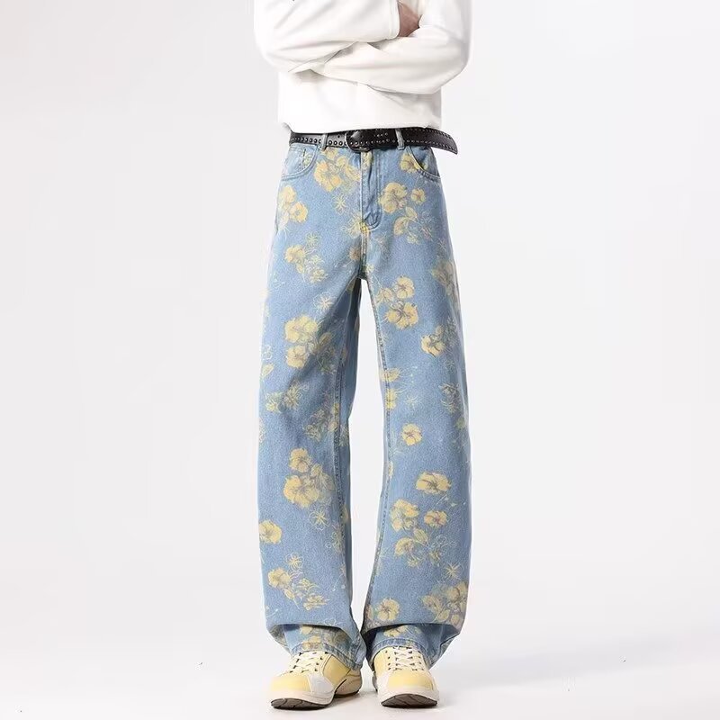 花柄ファッション 花柄総柄ワイドデニムパンツ