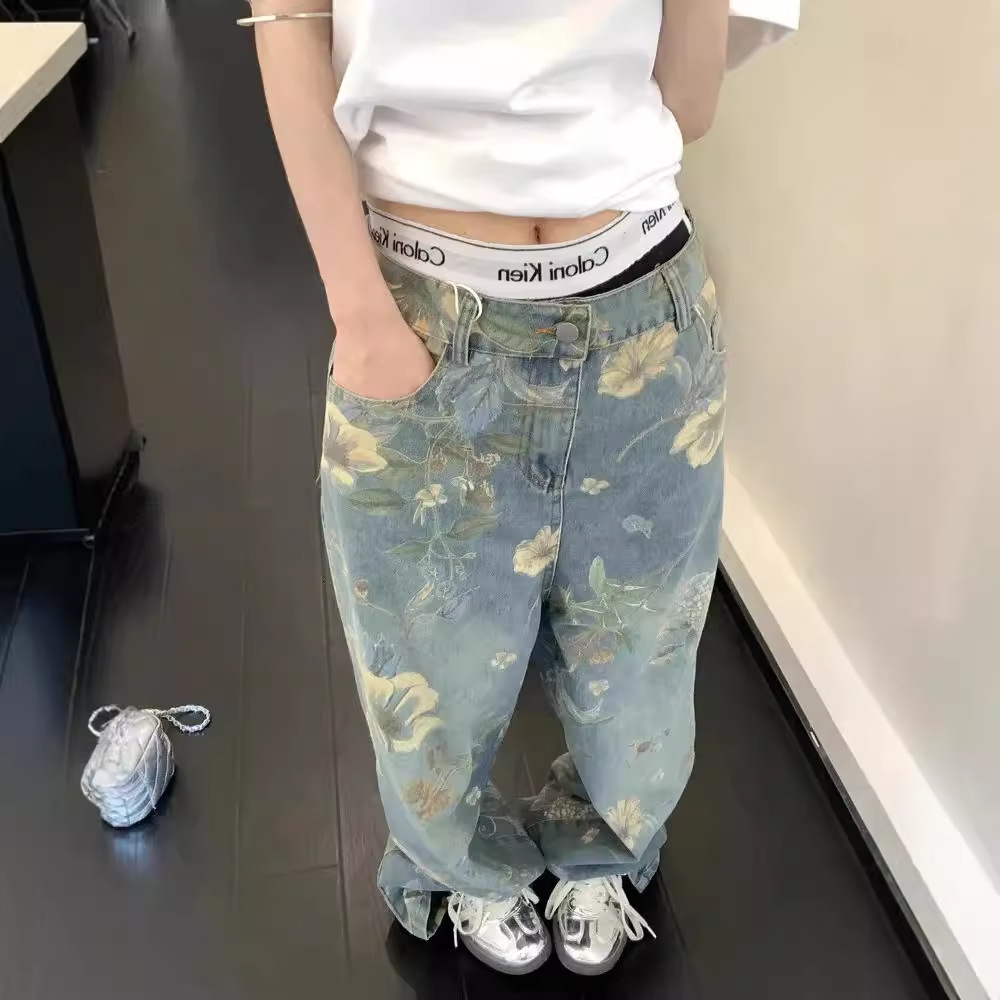花柄ファッション ペイントフラワー柄ゆったりデニムパンツ