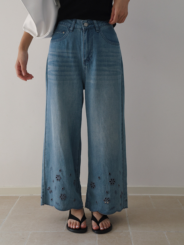 花柄ファッション 裾刺繍フラワー装飾ワイドデニムパンツ