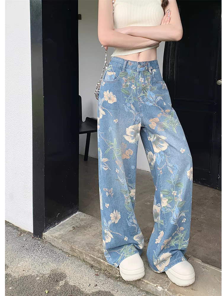 花柄ファッション 大輪花柄プリントワイドデニムパンツ