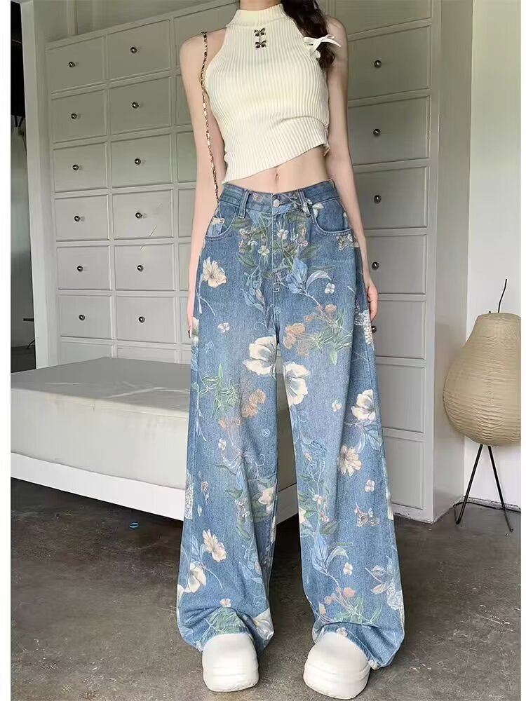 花柄ファッション 大輪花柄プリントワイドデニムパンツ